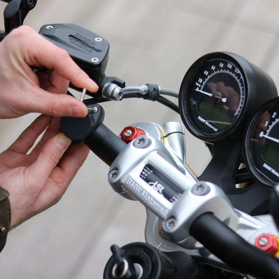 Our pro motorcycle mount screws onto all motorcycle handlebars of 22.2 mm, 25.4mm, 28.6 mm and 31.8mm