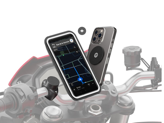 Support de téléphone moto PRO  avec pochette tactile Shapeheart et plaque métal pour un accès sécurisé et intuitif à votre smartphone.