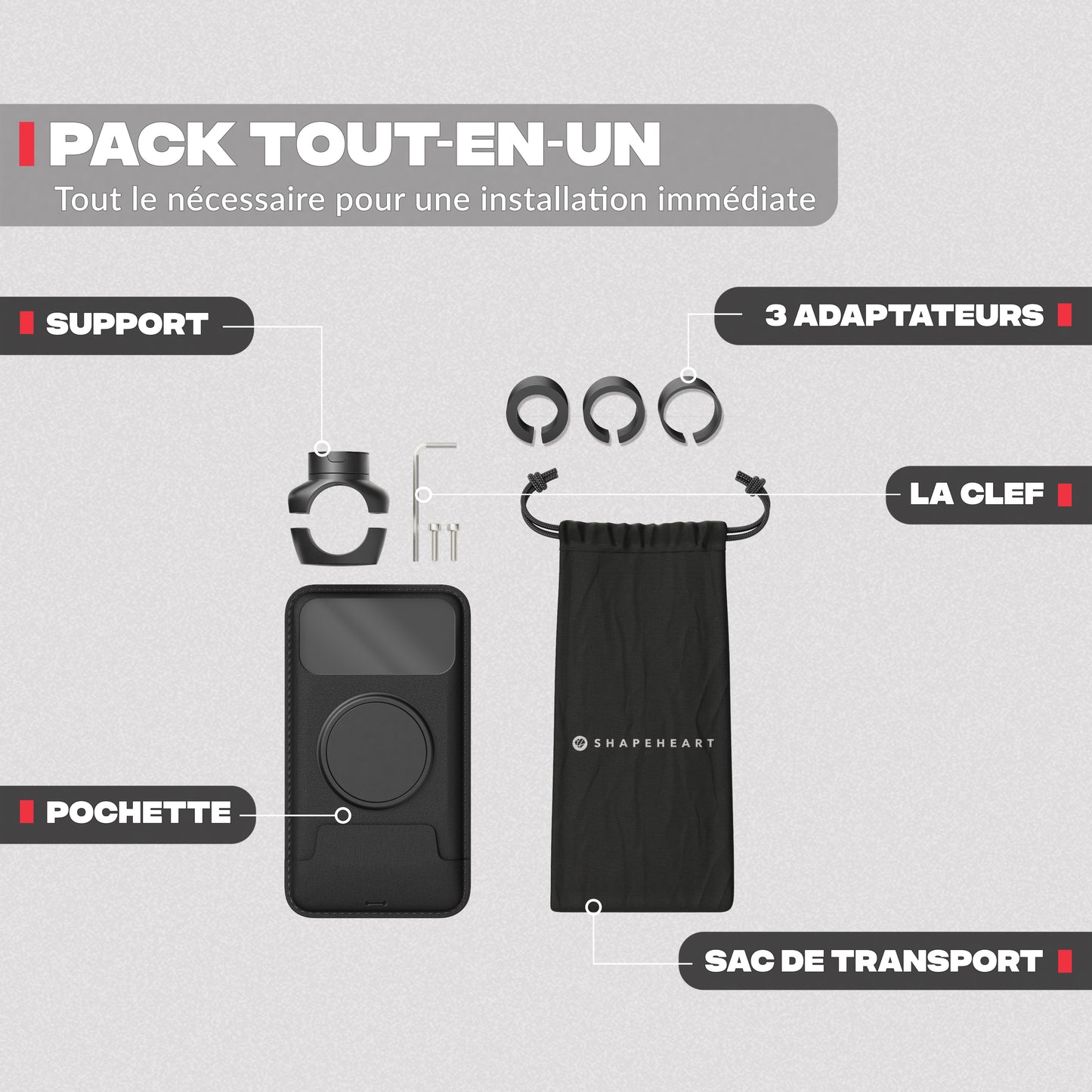 Pack contents – Shapeheart PRO motorcycle phone mount