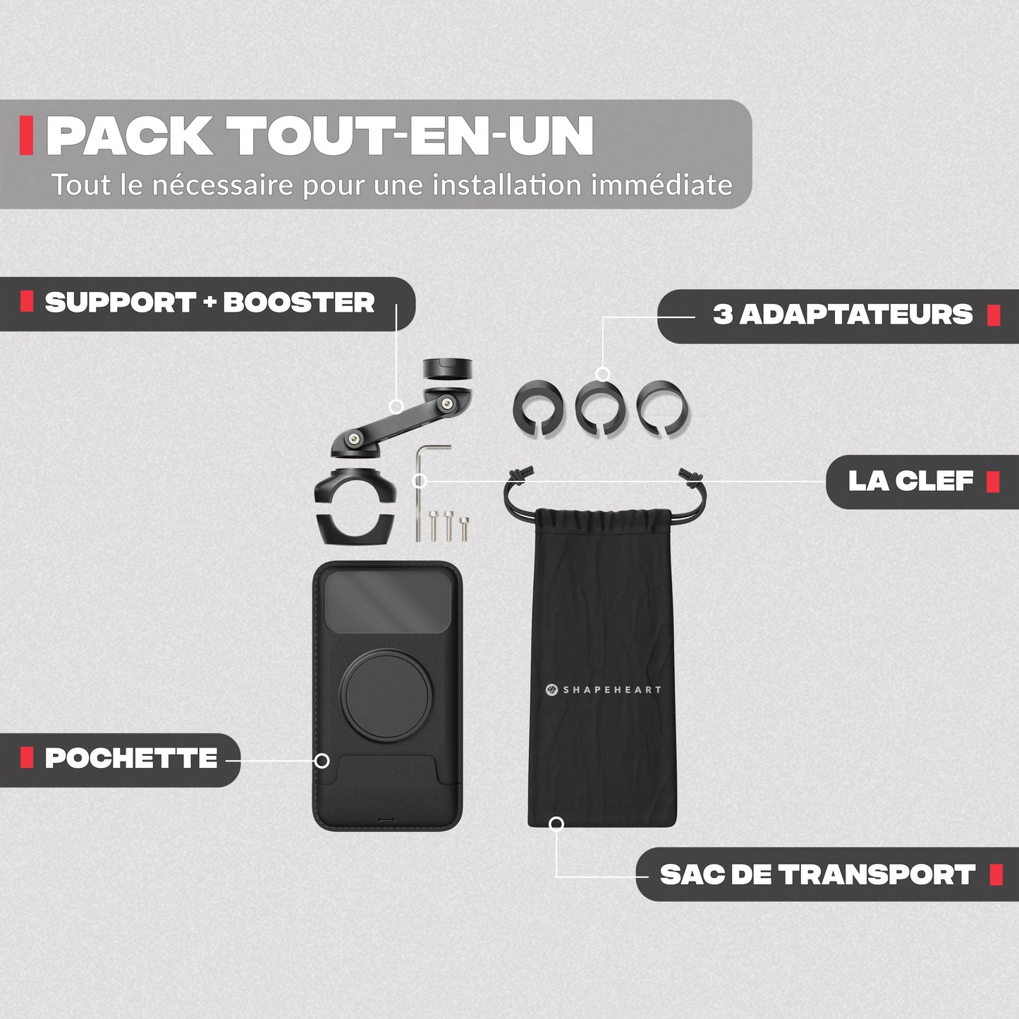 Pack contents – Shapeheart PRO BOOST motorcycle phone mount