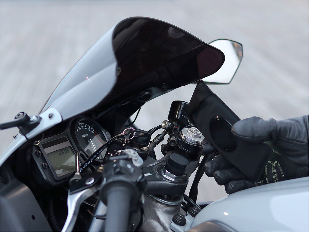 Phone holder for motorcycle handlebars (pocket and plate)