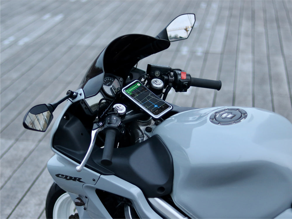 Phone holder for motorcycle handlebars (pocket and plate)