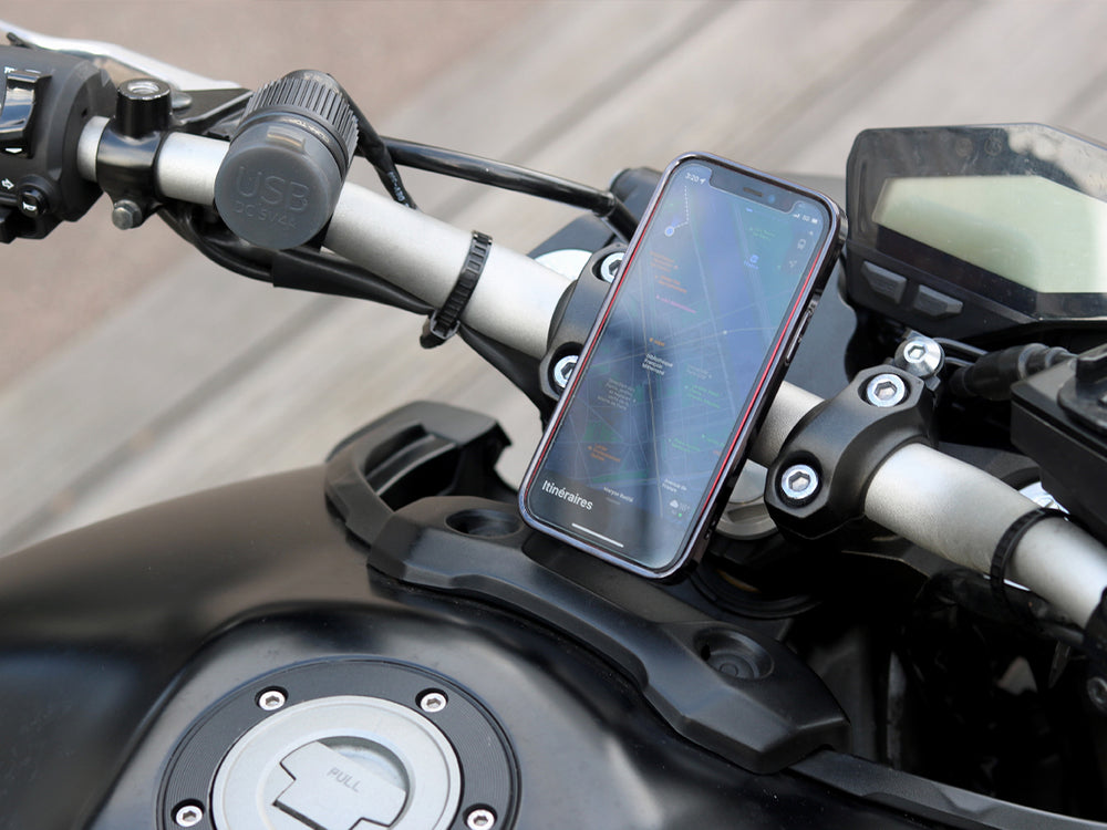 Smartphone mount for motorcycle handlebar with steel plate